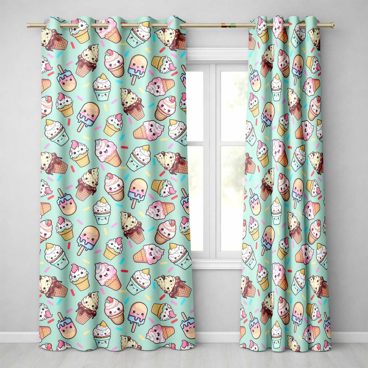 Kawaii Ice Cream Cone Popsicle Sweet Dessert Seamless Pattern Mint Green Readymade Eyelet Ring Top Thermal 100% Blackout Curtains