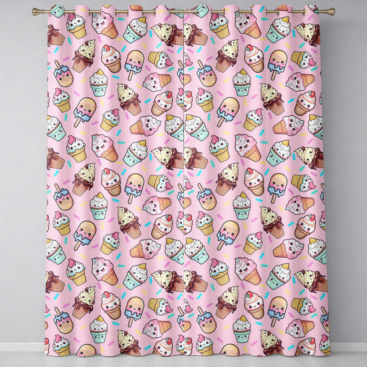 Kawaii Ice Cream Cone Popsicle Sweet Dessert Seamless Pattern Soft Pink Readymade Eyelet Ring Top Thermal 100% Blackout Curtains