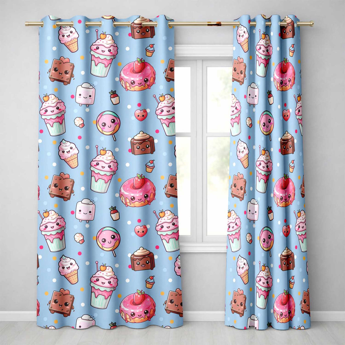 Dessert Cake Cupcake Donut Candy Sweet Treat Seamless Pattern Blue Background Readymade Eyelet Ring Top Thermal 100% Blackout Curtains