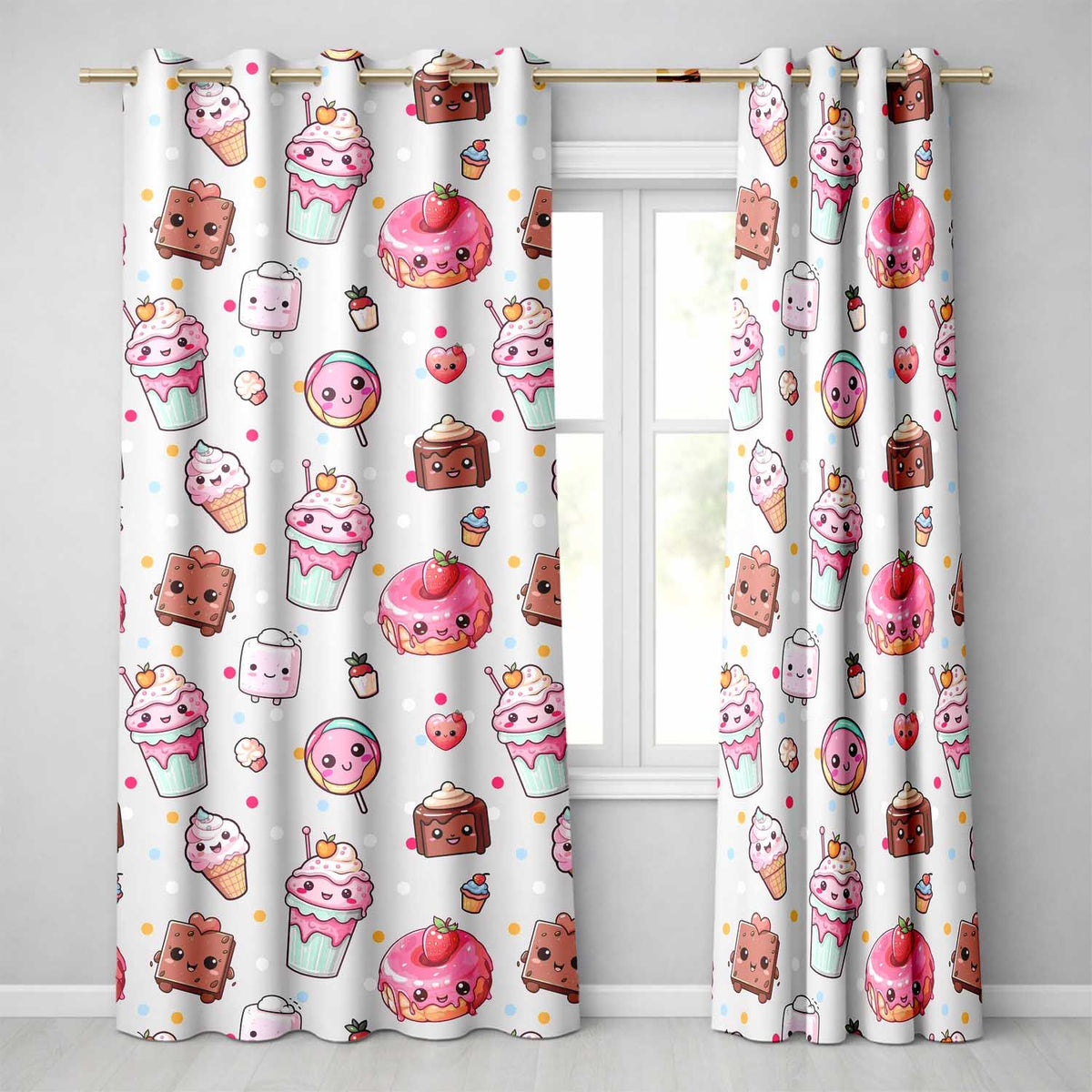 Dessert Cake Cupcake Donut Candy Sweet Treat Seamless Pattern Cream Background Readymade Eyelet Ring Top Thermal 100% Blackout Curtains