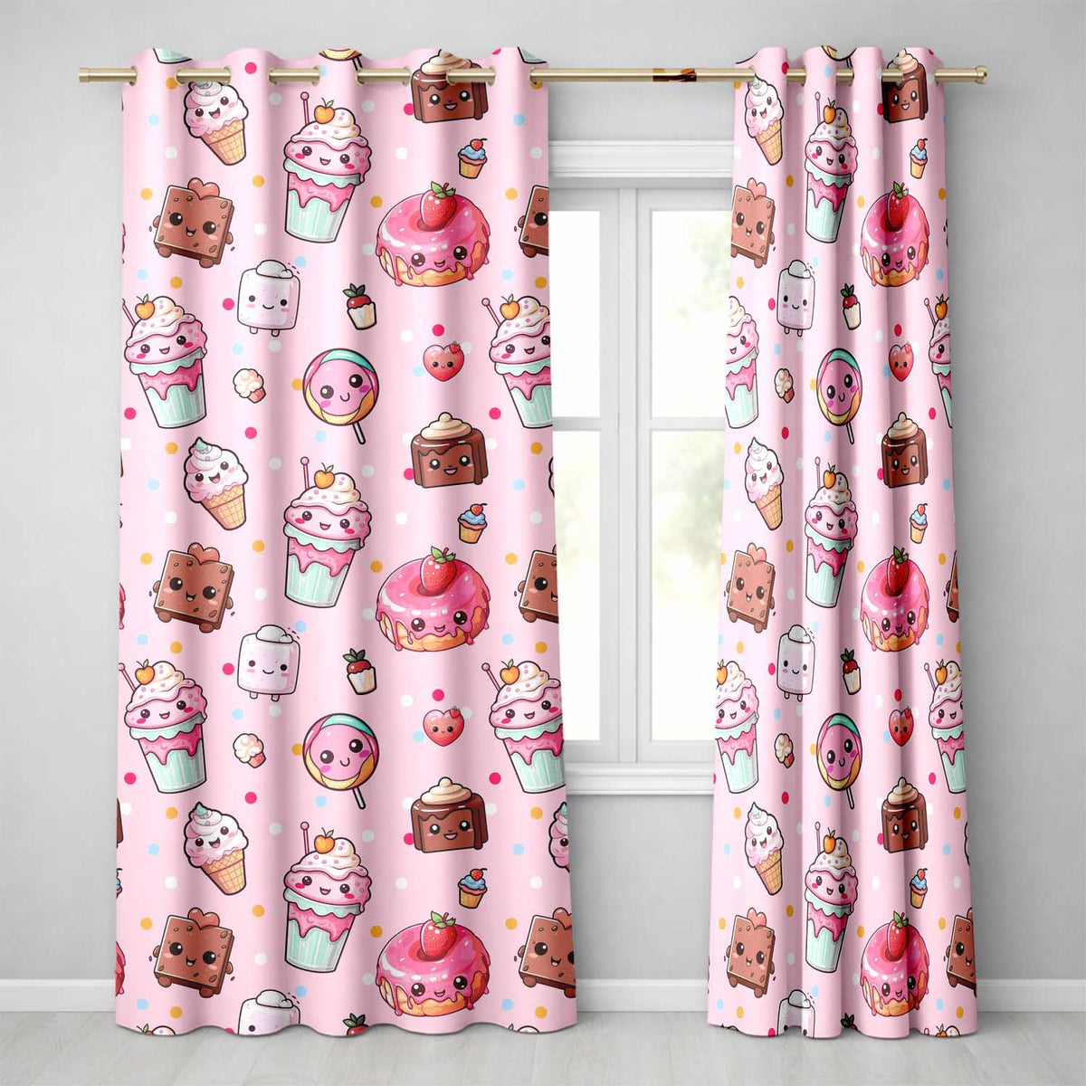 Dessert Cake Cupcake Donut Candy Sweet Treat Seamless Pattern Soft Pink Background Readymade Eyelet Ring Top Thermal 100% Blackout Curtains