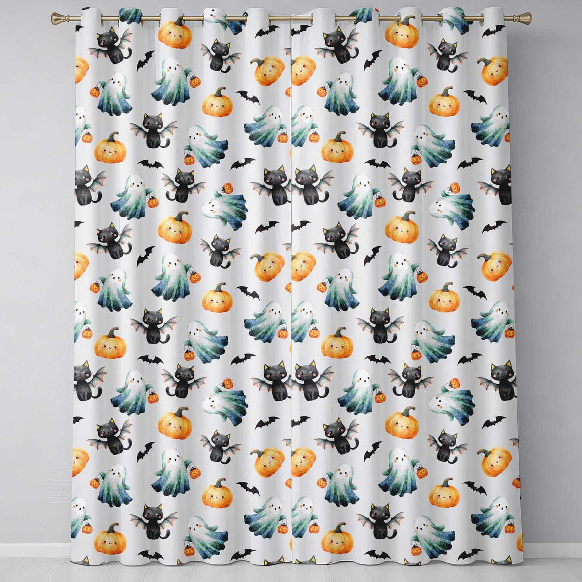 Cute Halloween Ghost Pumpkin Bat Cat Seamless Pattern Beige Background Readymade Eyelet Ring Top Thermal 100% Blackout Curtains