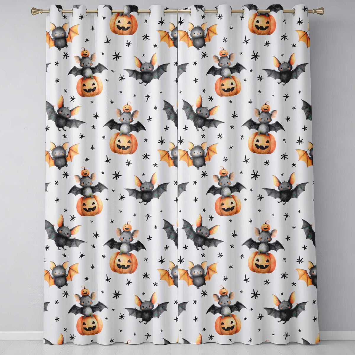 Cute Halloween Bat Pumpkin Star Night Seamless Pattern Lilac Background Readymade Eyelet Ring Top Thermal 100% Blackout Curtains