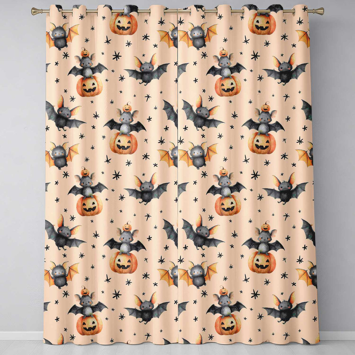 Cute Halloween Bat Pumpkin Star Night Seamless Pattern Warm Beige Background Readymade Eyelet Ring Top Thermal 100% Blackout Curtains
