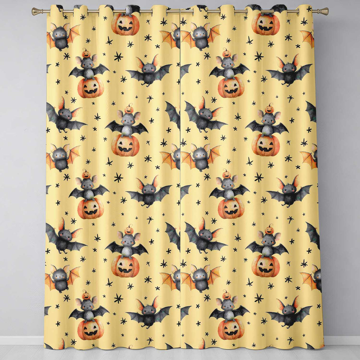 Cute Halloween Bat Pumpkin Star Night Seamless Pattern Pastel Yellow Background Readymade Eyelet Ring Top Thermal 100% Blackout Curtains