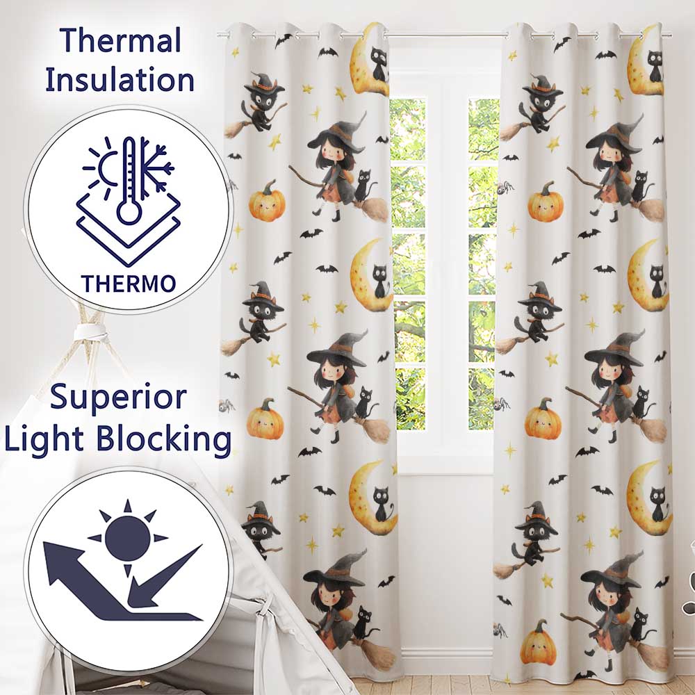 Halloween Witch Girl Cat Moon Stars Pumpkin Seamless Pattern White Readymade Eyelet Ring Top Thermal 100% Blackout Curtains