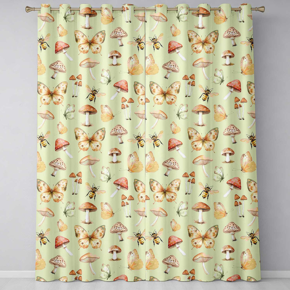 Vintage Butterflies Bees Mushrooms Nature Seamless Pattern Sage Green Readymade Eyelet Ring Top Thermal 100% Blackout Curtains