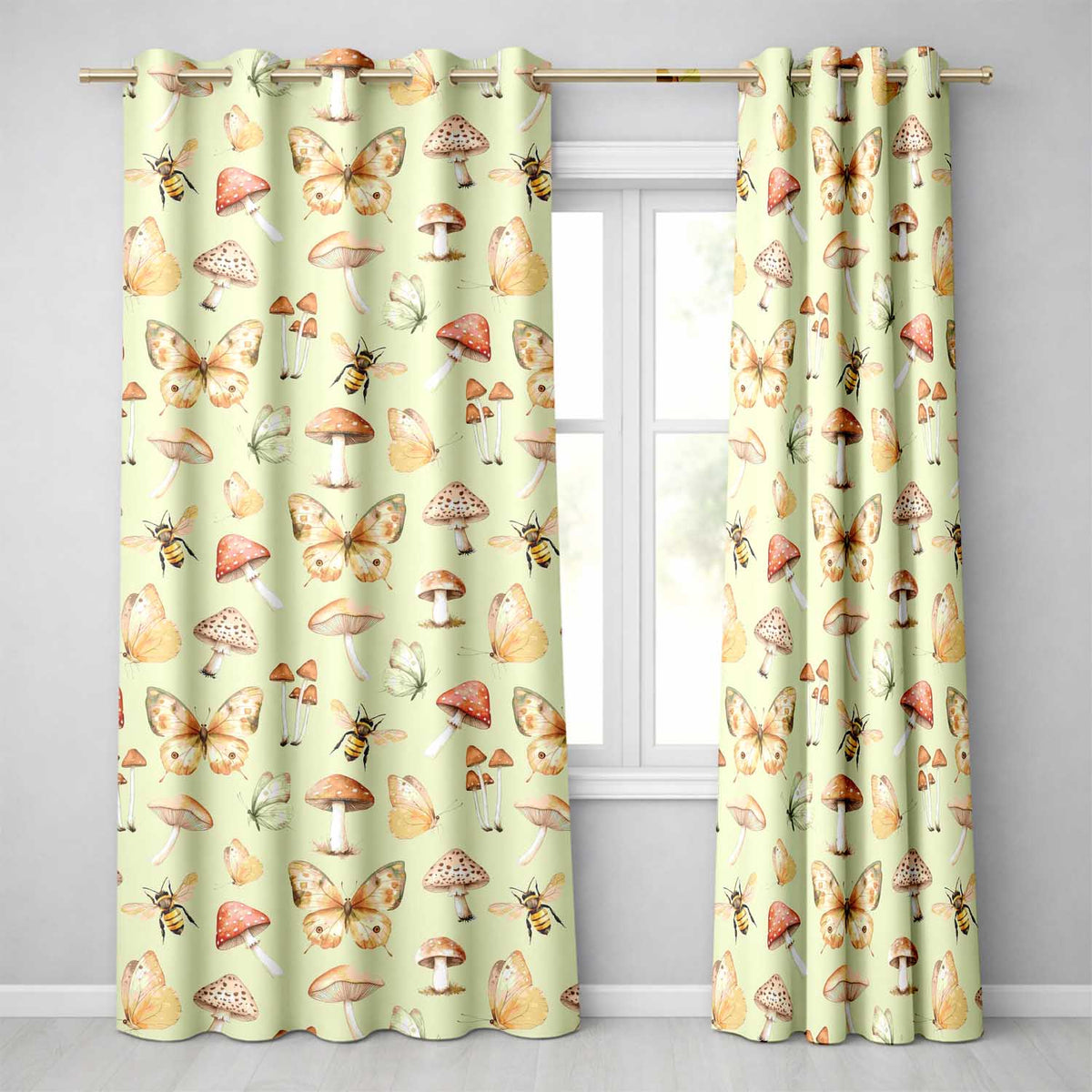 Vintage Butterflies Bees Mushrooms Nature Seamless Pattern Sage Green Readymade Eyelet Ring Top Thermal 100% Blackout Curtains