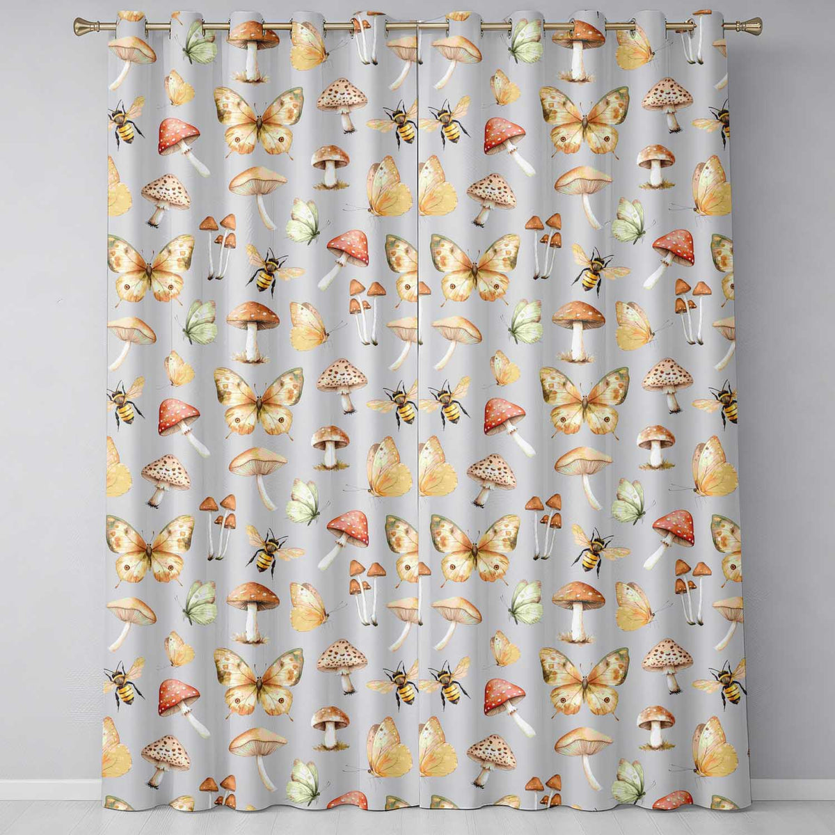 Vintage Butterflies Bees Mushrooms Nature Seamless Pattern Blue Grey Background Readymade Eyelet Ring Top Thermal 100% Blackout Curtains