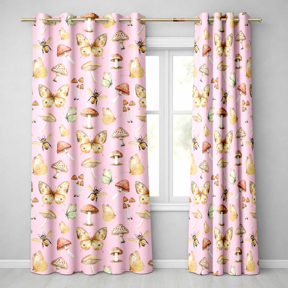 Vintage Butterflies Bees Mushrooms Nature Seamless Pattern Blush Pink Readymade Eyelet Ring Top Thermal 100% Blackout Curtains