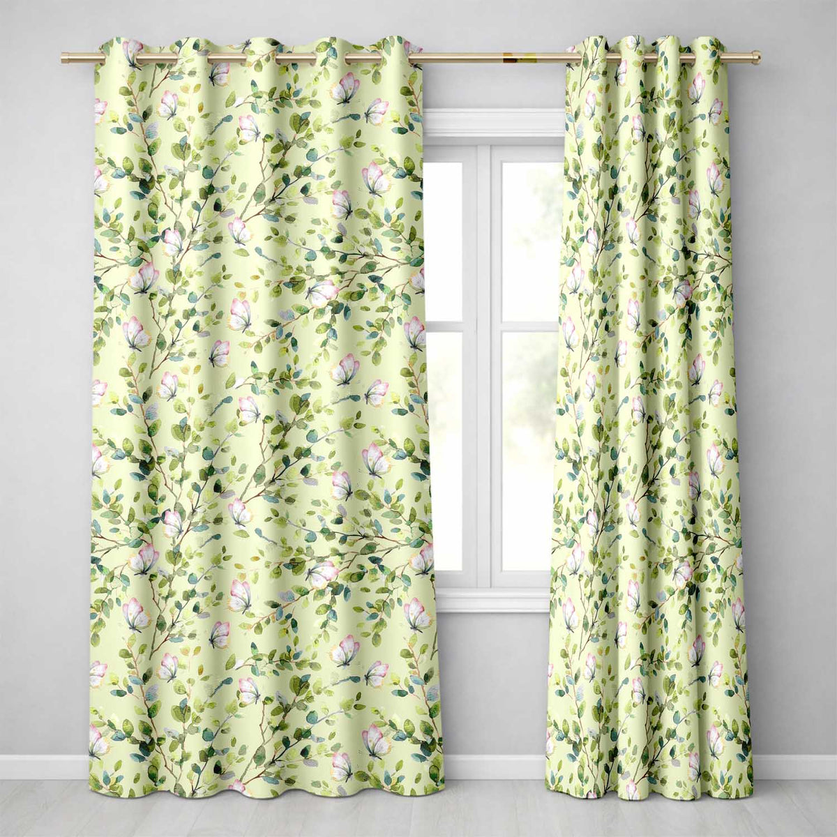 Watercolor Butterflies Green Leaves Branches Seamless Pattern Soft Cream Readymade Eyelet Ring Top Thermal 100% Blackout Curtains