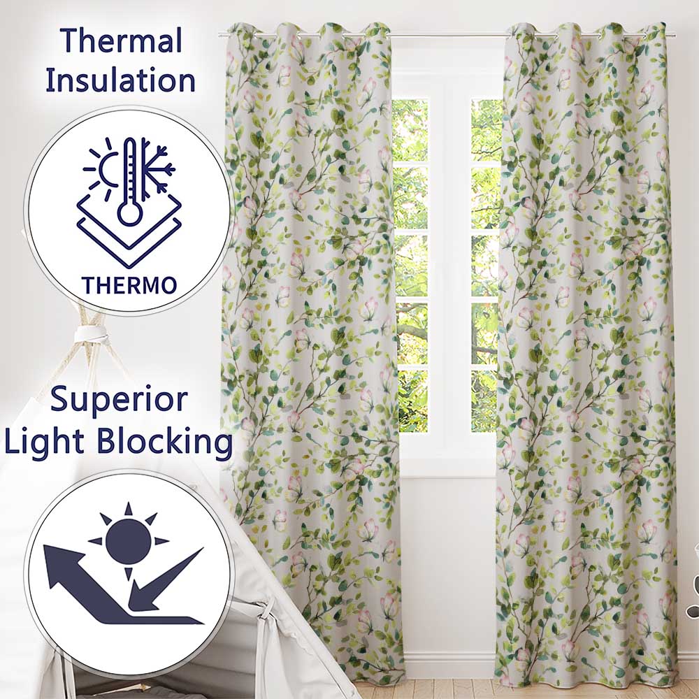 Watercolor Butterflies Green Leaves Branches Seamless Pattern Light Blue Readymade Eyelet Ring Top Thermal 100% Blackout Curtains