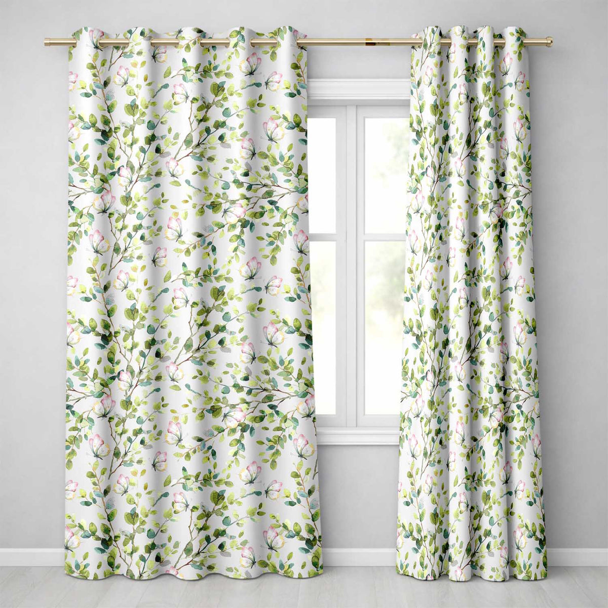 Watercolor Butterflies Green Leaves Branches Seamless Pattern Light Blue Readymade Eyelet Ring Top Thermal 100% Blackout Curtains