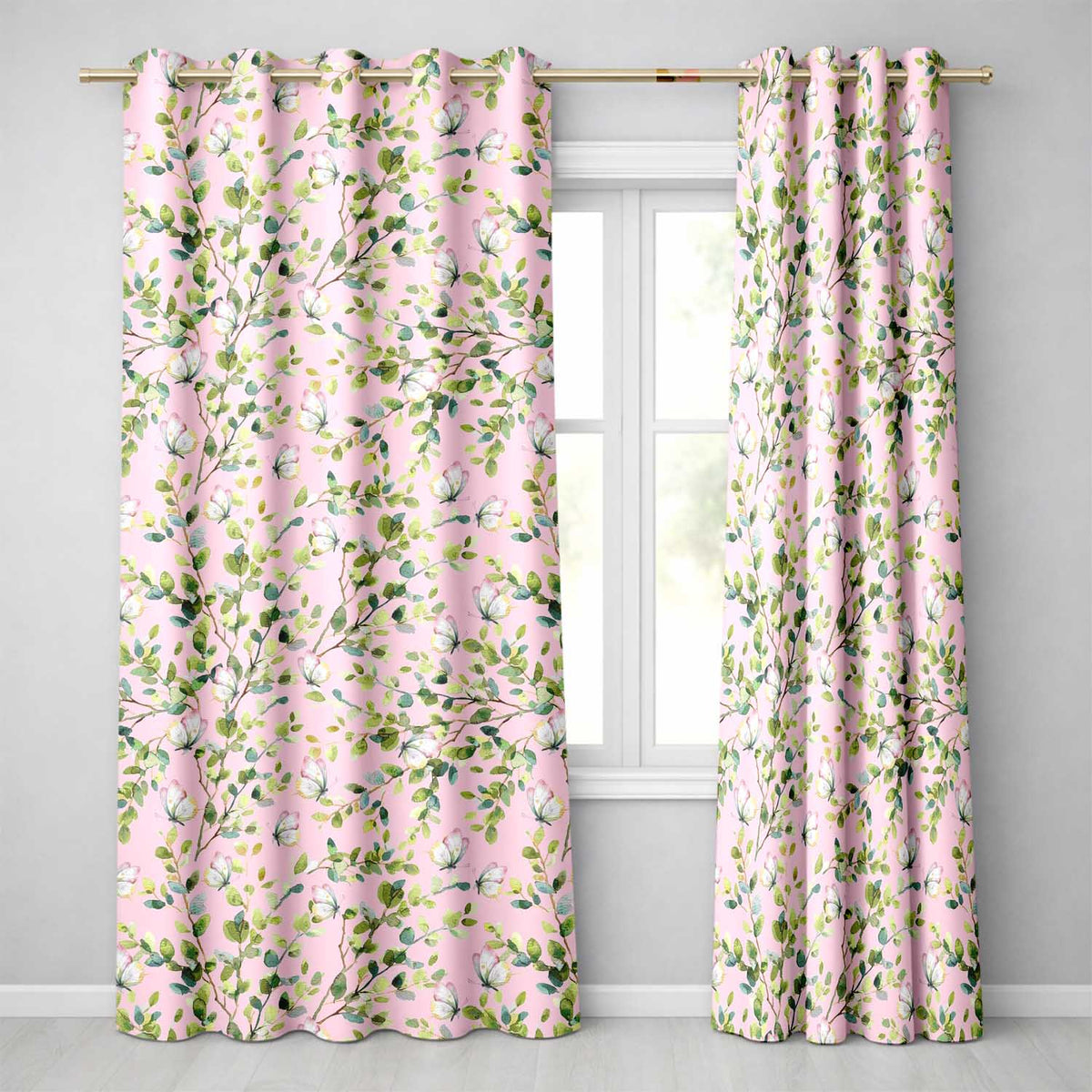 Watercolor Butterflies Green Leaves Branches Seamless Pattern Blush Pink Readymade Eyelet Ring Top Thermal 100% Blackout Curtains