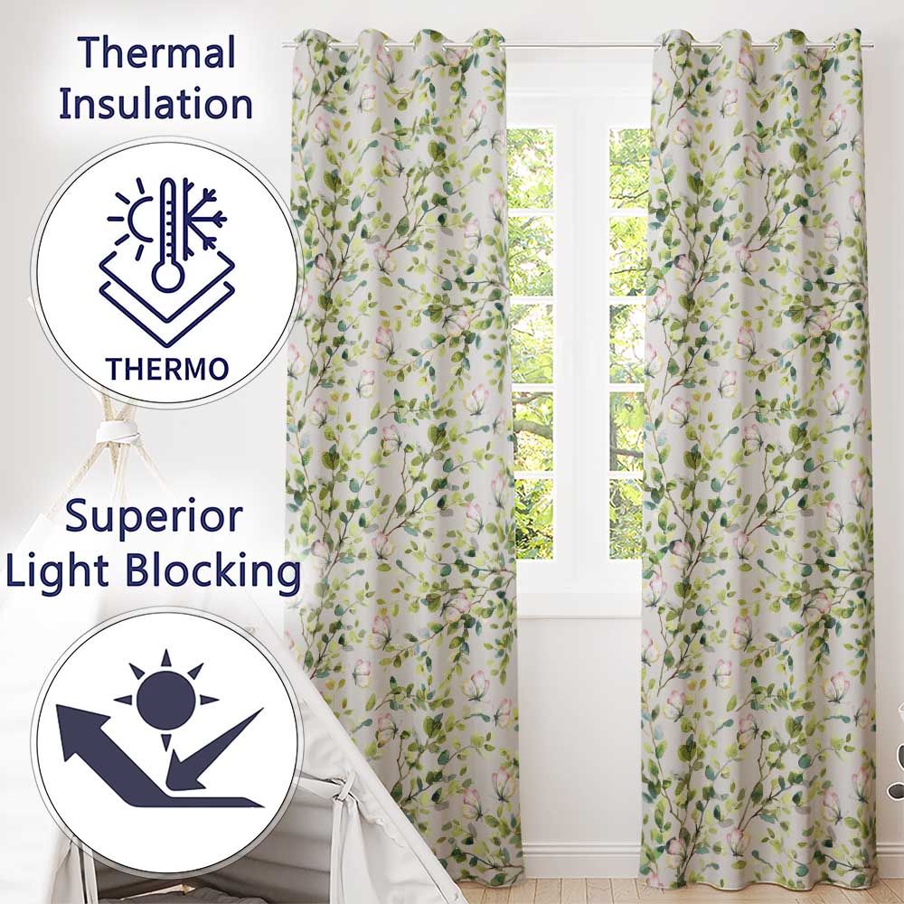 Watercolor Butterflies Green Leaves Branches Seamless Pattern Soft Sage Readymade Eyelet Ring Top Thermal 100% Blackout Curtains