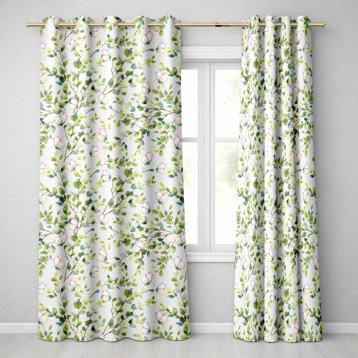 Watercolor Butterflies Green Leaves Branches Seamless Pattern Soft Sage Readymade Eyelet Ring Top Thermal 100% Blackout Curtains