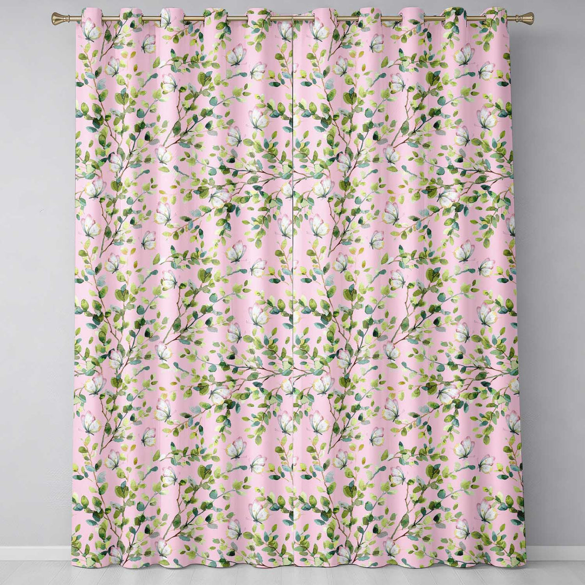 Watercolor Butterflies Green Leaves Branches Seamless Pattern Soft Pink Readymade Eyelet Ring Top Thermal 100% Blackout Curtains