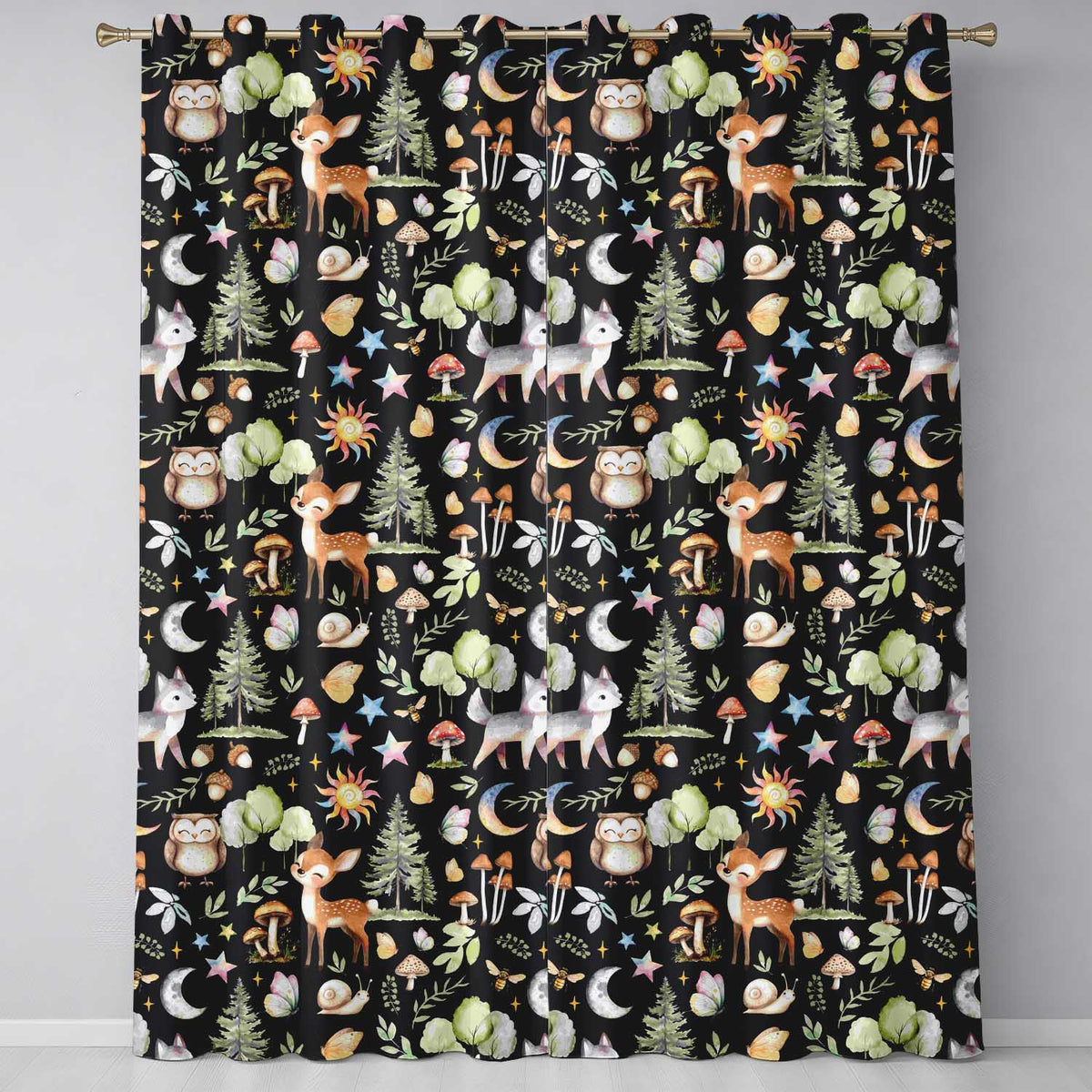 Watercolor Forest Animals Deer Owl Mushrooms Stars Seamless Pattern Black Readymade Eyelet Ring Top Thermal 100% Blackout Curtains