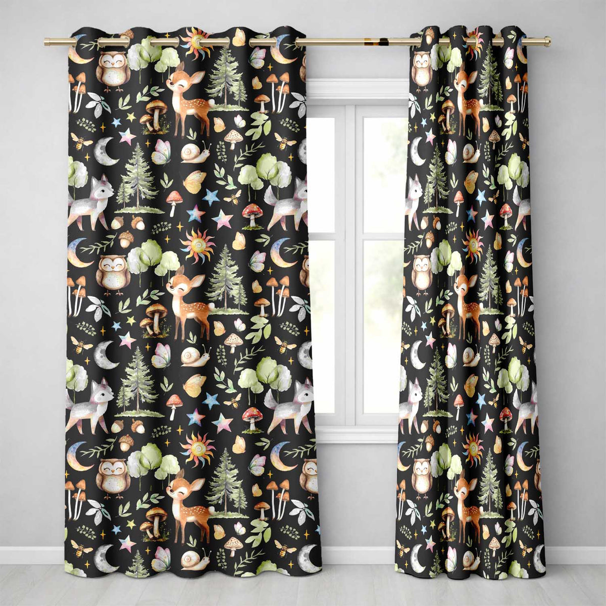 Watercolor Forest Animals Deer Owl Mushrooms Stars Seamless Pattern Black Readymade Eyelet Ring Top Thermal 100% Blackout Curtains