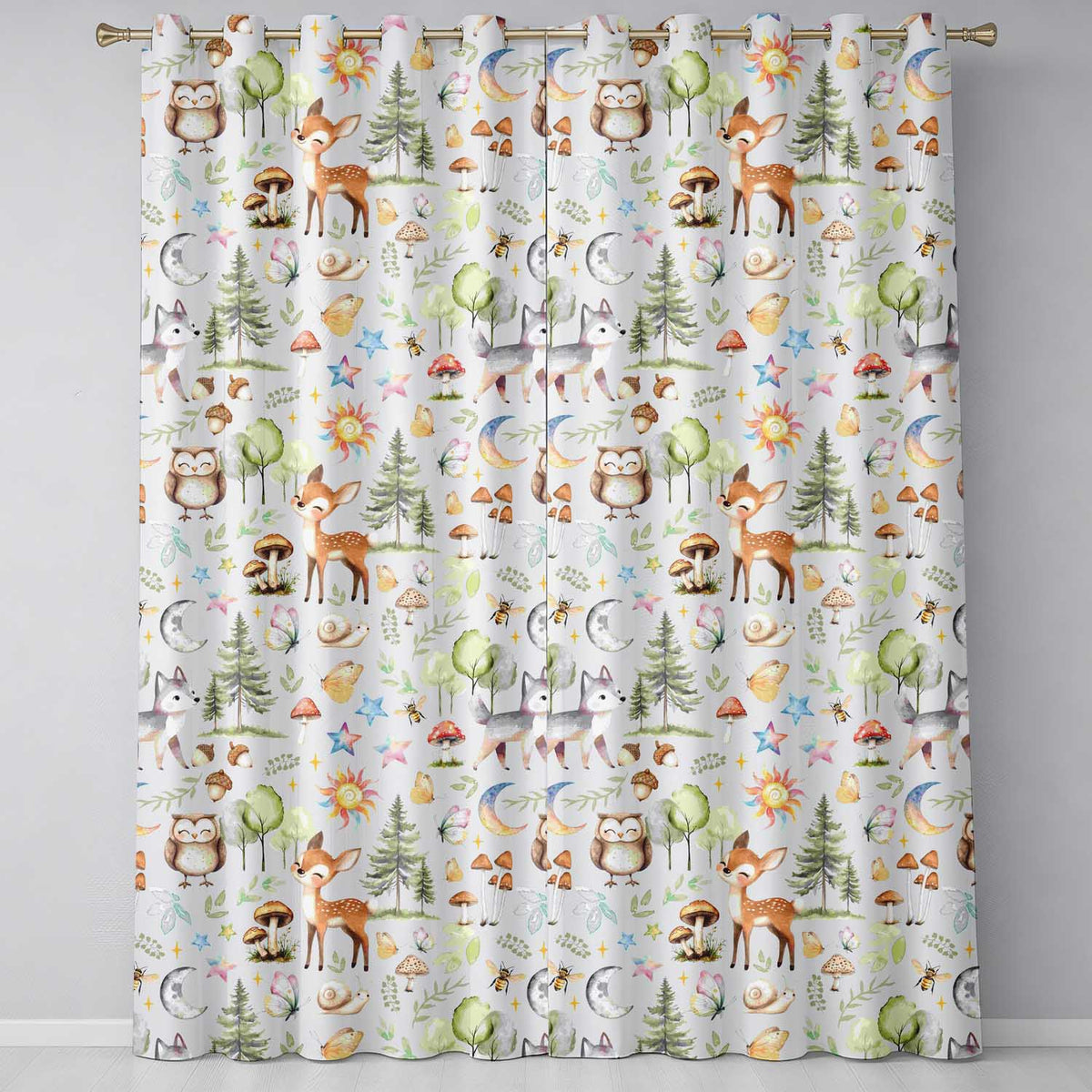 Watercolor Forest Animals Deer Owl Mushrooms Stars Seamless Pattern Soft Blue Readymade Eyelet Ring Top Thermal 100% Blackout Curtains