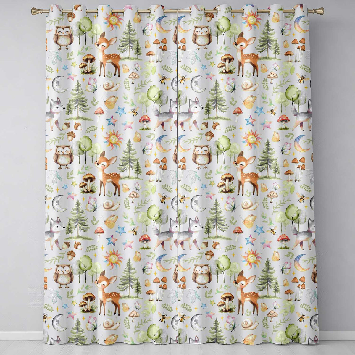 Watercolor Forest Animals Deer Owl Mushrooms Stars Seamless Pattern Sage Green Readymade Eyelet Ring Top Thermal 100% Blackout Curtains