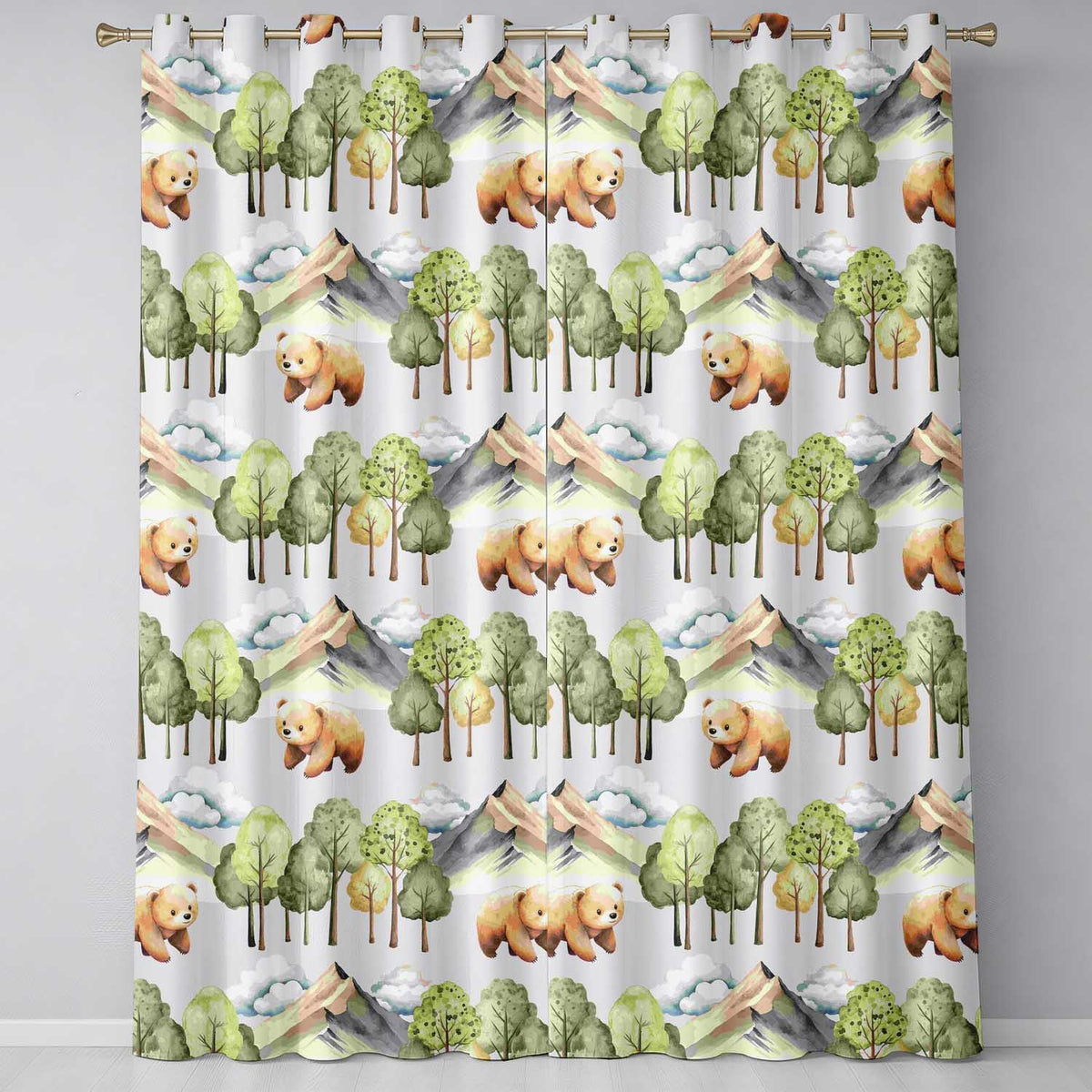 Watercolor Woodland Bears Trees Mountains Seamless Pattern Grey Background Readymade Eyelet Ring Top Thermal 100% Blackout Curtains