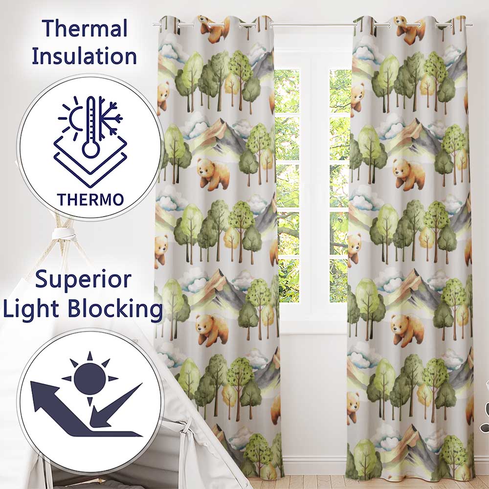 Watercolor Woodland Bears Trees Mountains Seamless Pattern Grey Background Readymade Eyelet Ring Top Thermal 100% Blackout Curtains
