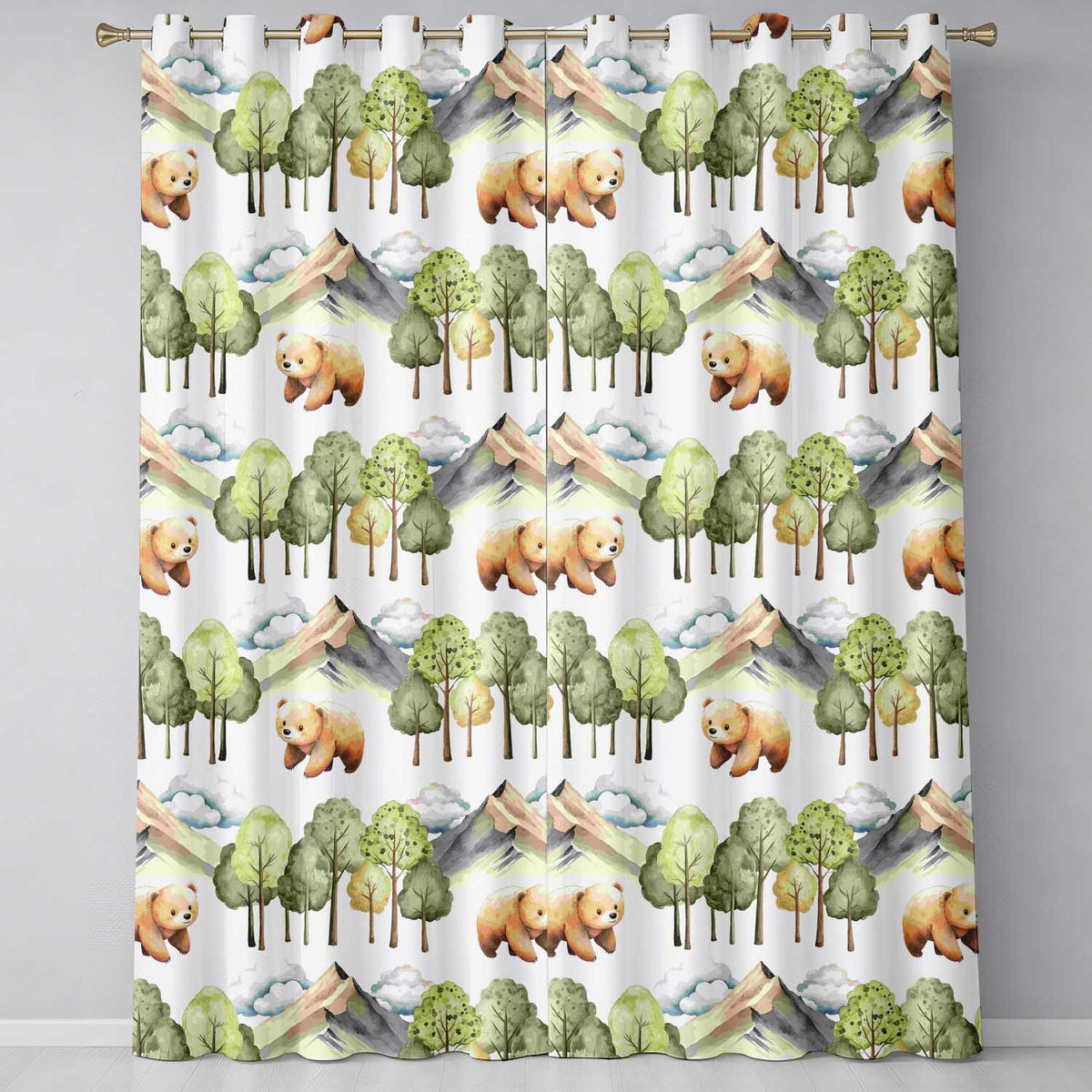 Watercolor Woodland Bears Trees Mountains Seamless Pattern Light Grey Background Readymade Eyelet Ring Top Thermal 100% Blackout Curtains