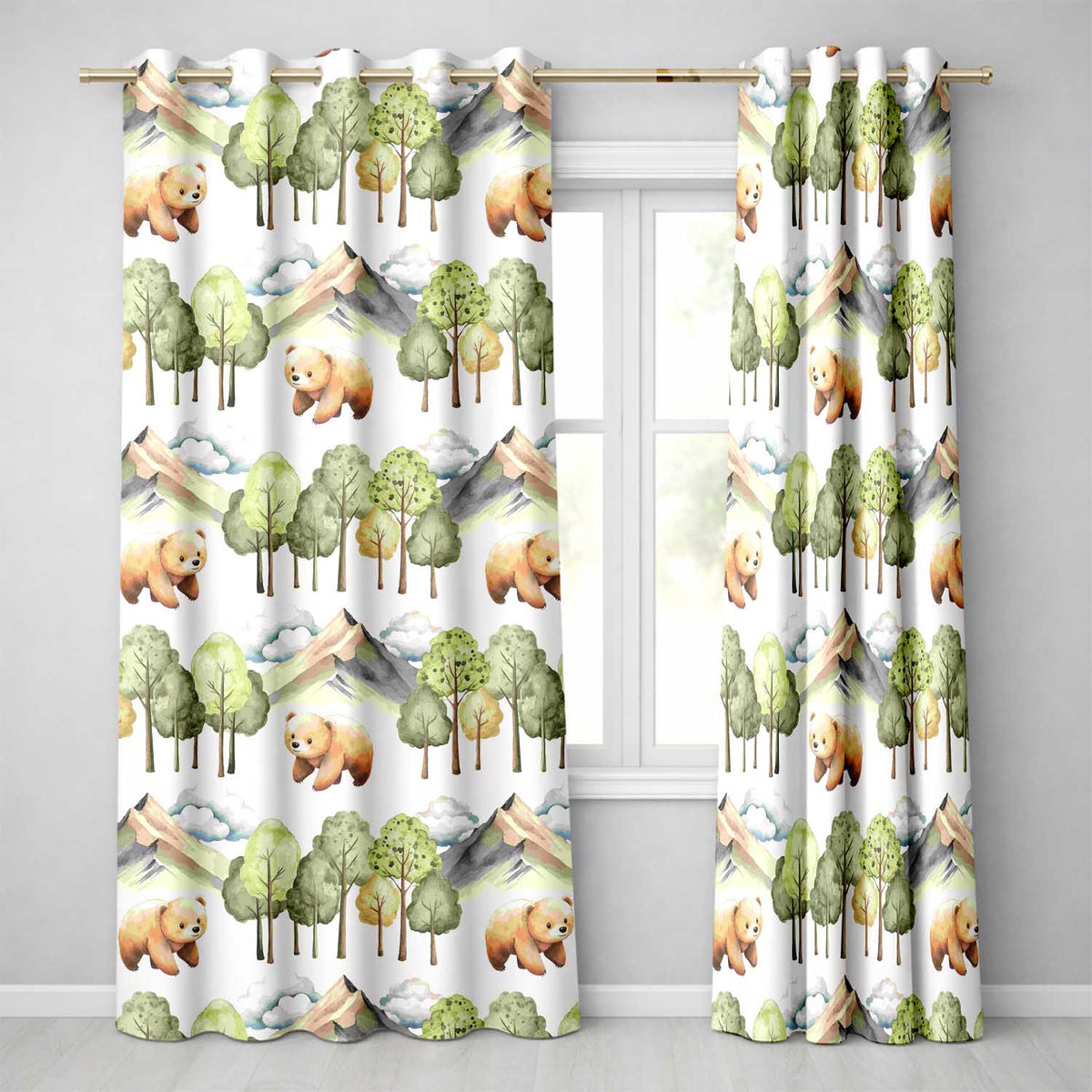 Watercolor Woodland Bears Trees Mountains Seamless Pattern Light Grey Background Readymade Eyelet Ring Top Thermal 100% Blackout Curtains