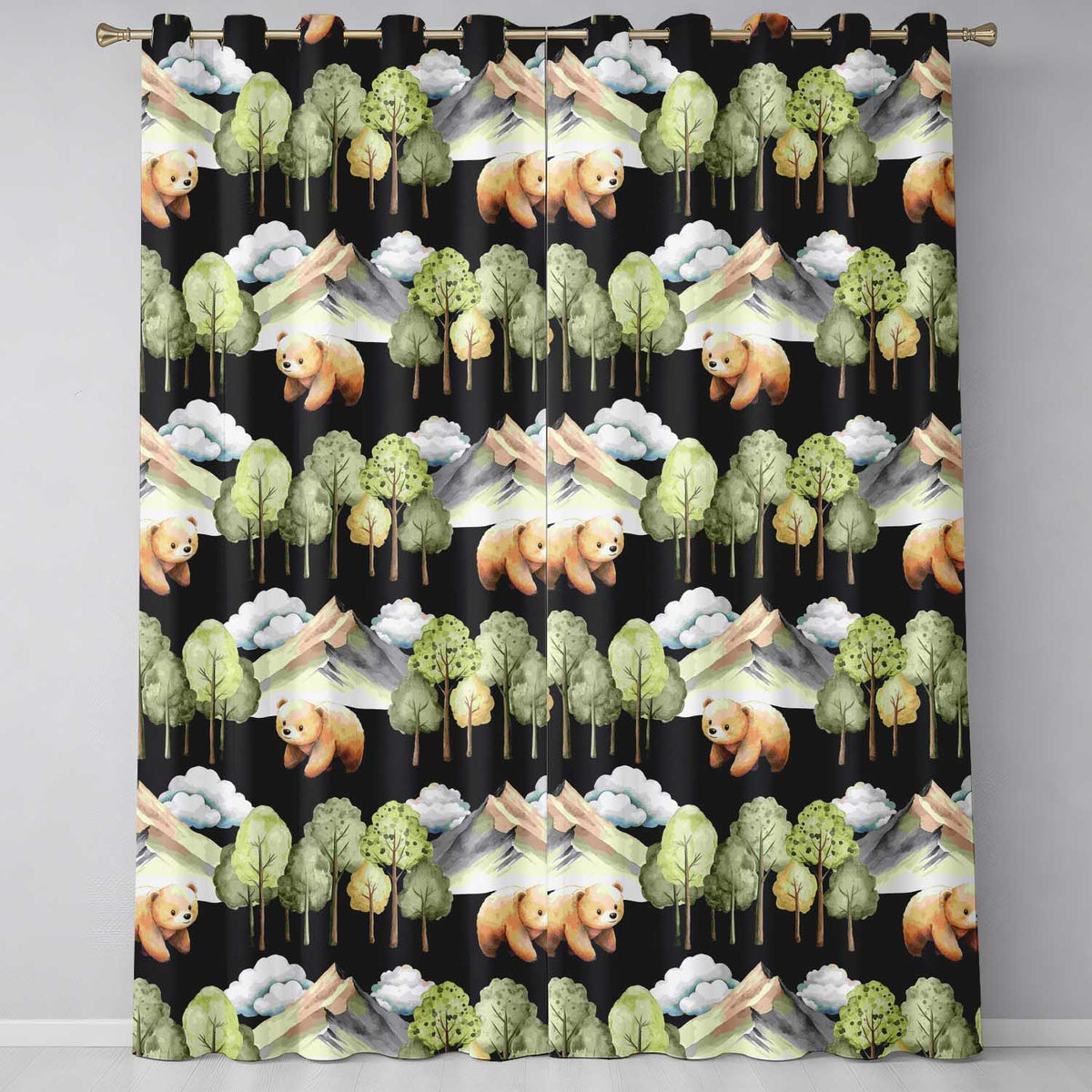 Watercolor Woodland Bear Trees Mountains Seamless Pattern Black Background Readymade Eyelet Ring Top Thermal 100% Blackout Curtains