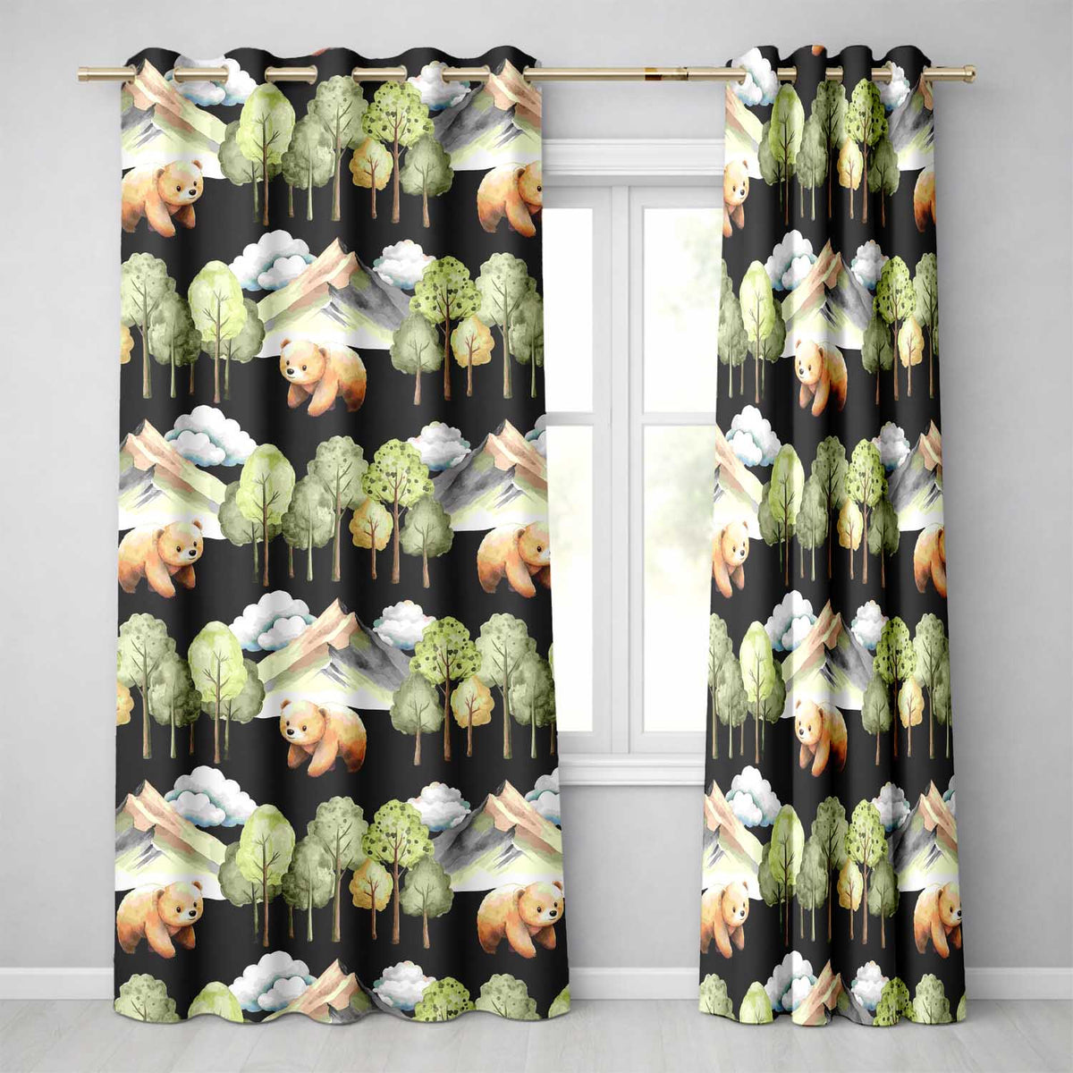 Watercolor Woodland Bear Trees Mountains Seamless Pattern Black Background Readymade Eyelet Ring Top Thermal 100% Blackout Curtains