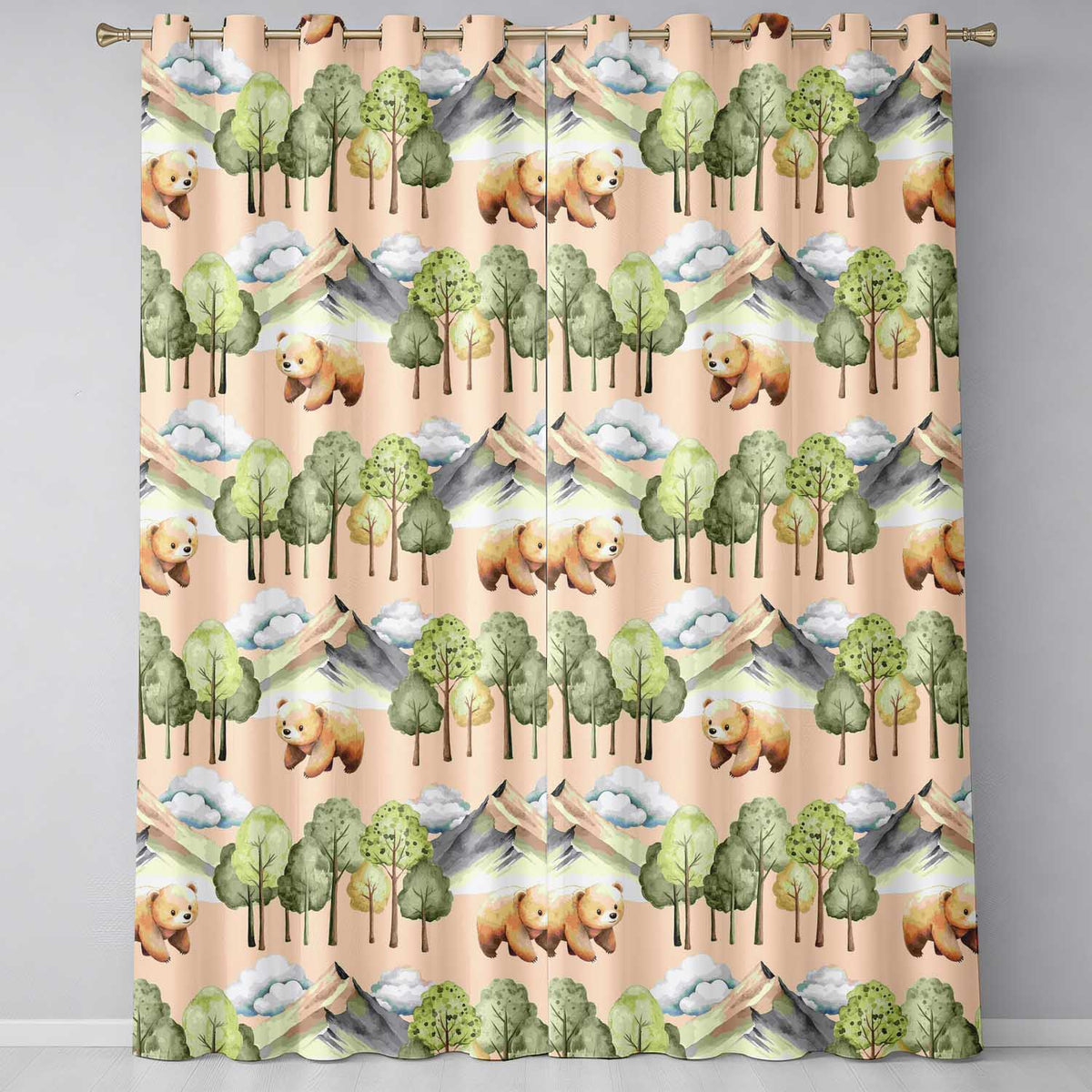 Watercolor Woodland Bear Trees Mountains Seamless Pattern Light Peach Readymade Eyelet Ring Top Thermal 100% Blackout Curtains