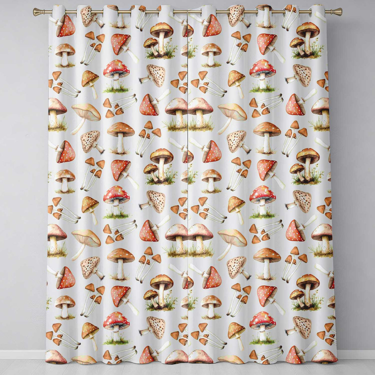 Watercolor Forest Mushrooms Toadstools Seamless Pattern Cream Background Readymade Eyelet Ring Top Thermal 100% Blackout Curtains