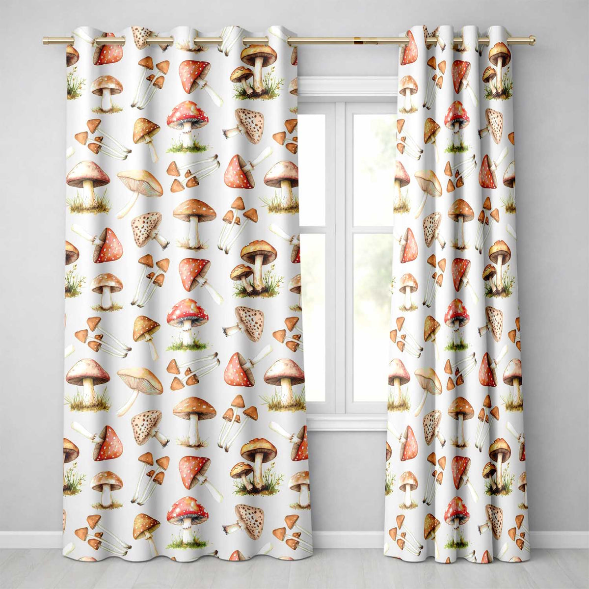 Watercolor Forest Mushrooms Toadstools Seamless Pattern Cream Background Readymade Eyelet Ring Top Thermal 100% Blackout Curtains