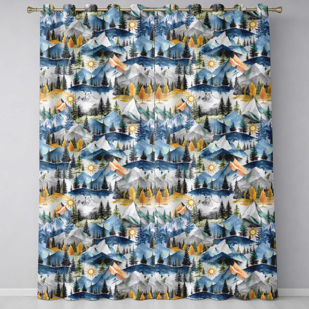 Watercolor Mountain Landscape Pine Trees Seamless Pattern Sage Green Background Readymade Eyelet Ring Top Thermal 100% Blackout Curtains