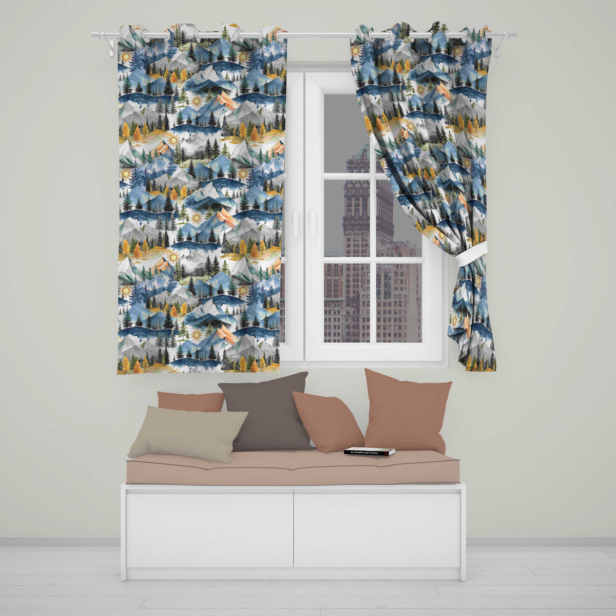 Watercolor Mountain Forest Landscape Sunset Seamless Pattern Cream Background Readymade Eyelet Ring Top Thermal 100% Blackout Curtains