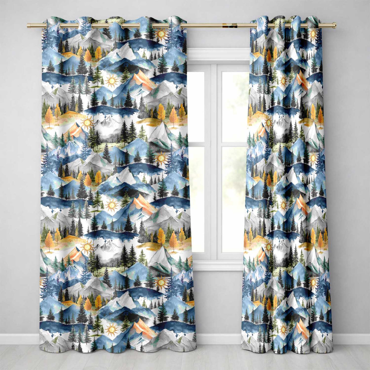 Watercolor Mountain Forest Landscape Sunset Seamless Pattern Cream Background Readymade Eyelet Ring Top Thermal 100% Blackout Curtains