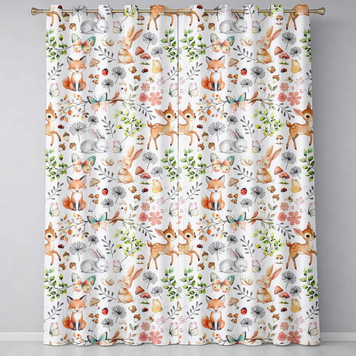 Cute Woodland Animals Rabbit Fox Butterfly Seamless Pattern Cream Background Readymade Eyelet Ring Top Thermal 100% Blackout Curtains