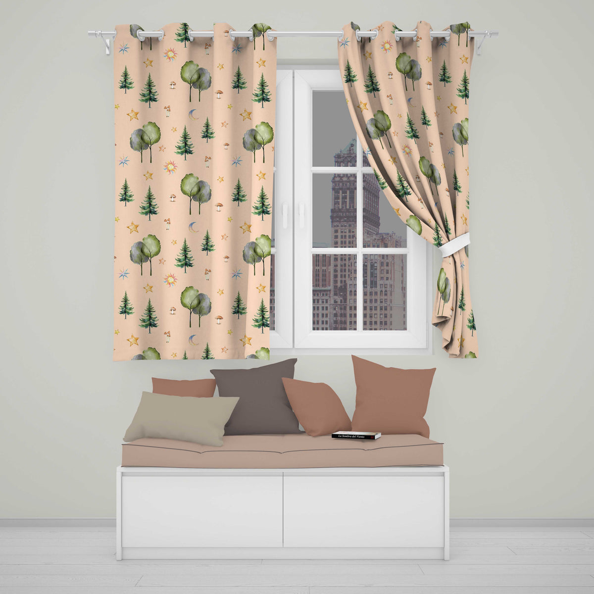 Watercolor Forest Trees Mushrooms Sun Moon Stars Seamless Pattern Lilac Readymade Eyelet Ring Top Thermal 100% Blackout Curtains