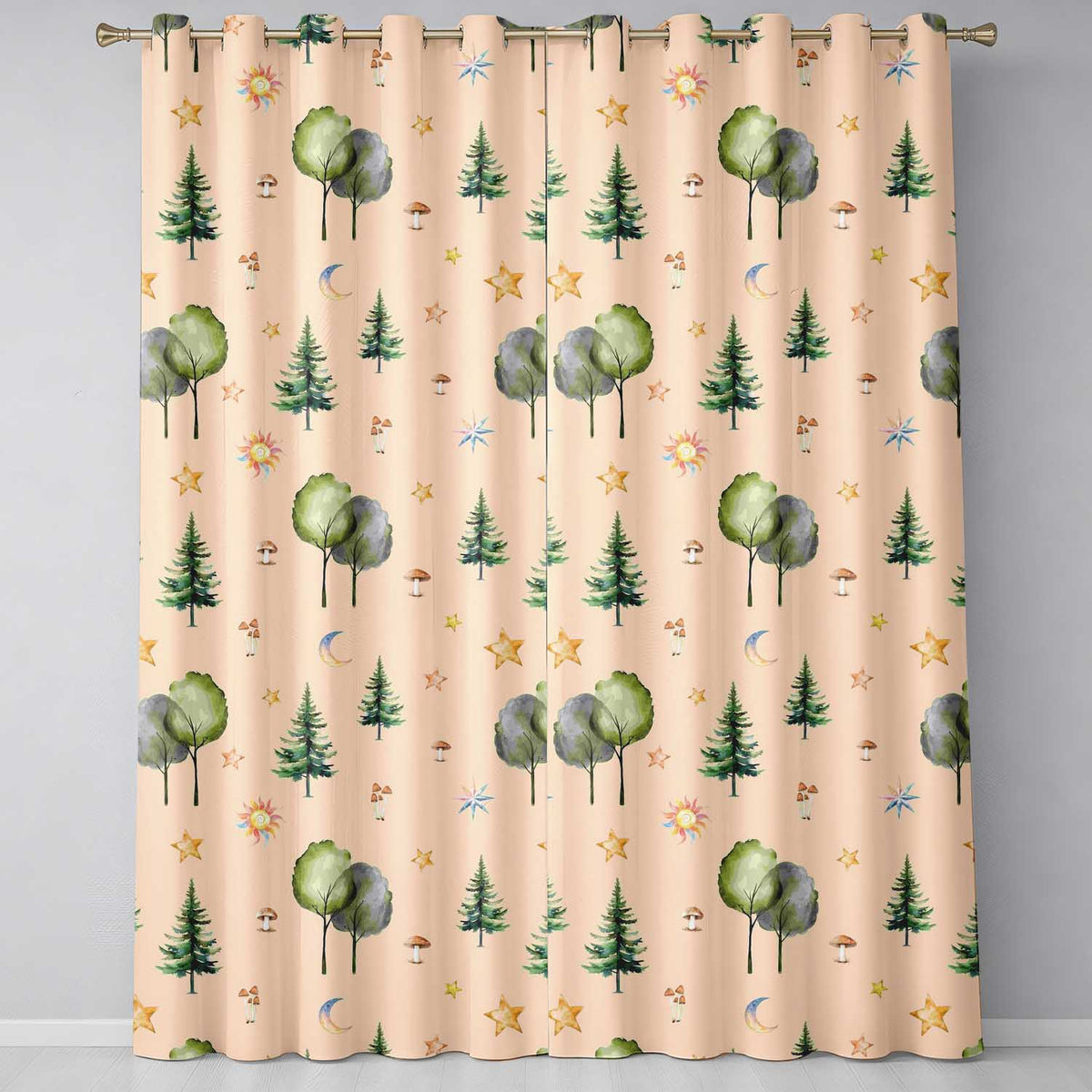 Watercolor Forest Trees Mushrooms Sun Moon Stars Seamless Pattern Lilac Readymade Eyelet Ring Top Thermal 100% Blackout Curtains