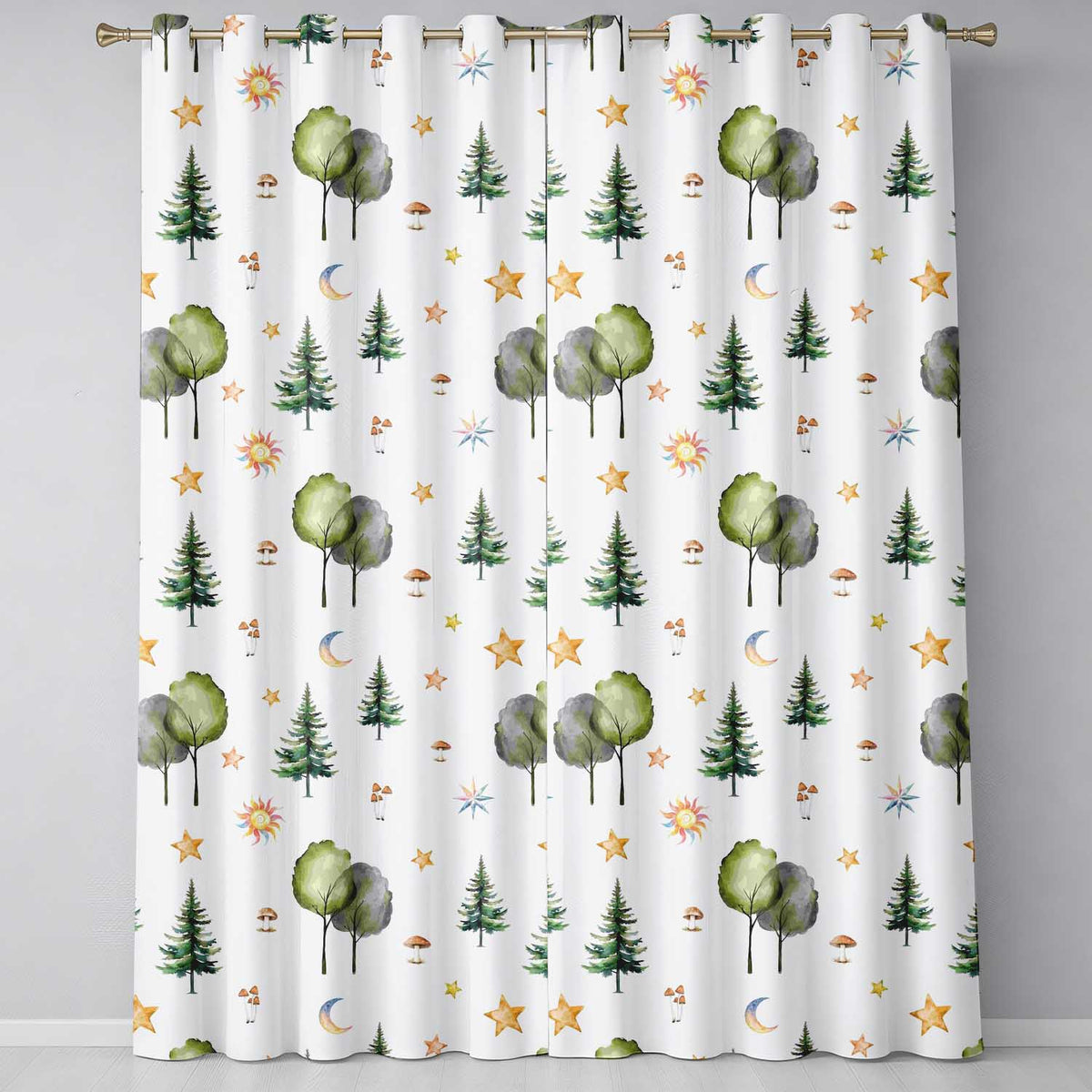 Watercolor Forest Trees Mushrooms Sun Moon Stars Seamless Pattern Grey Readymade Eyelet Ring Top Thermal 100% Blackout Curtains