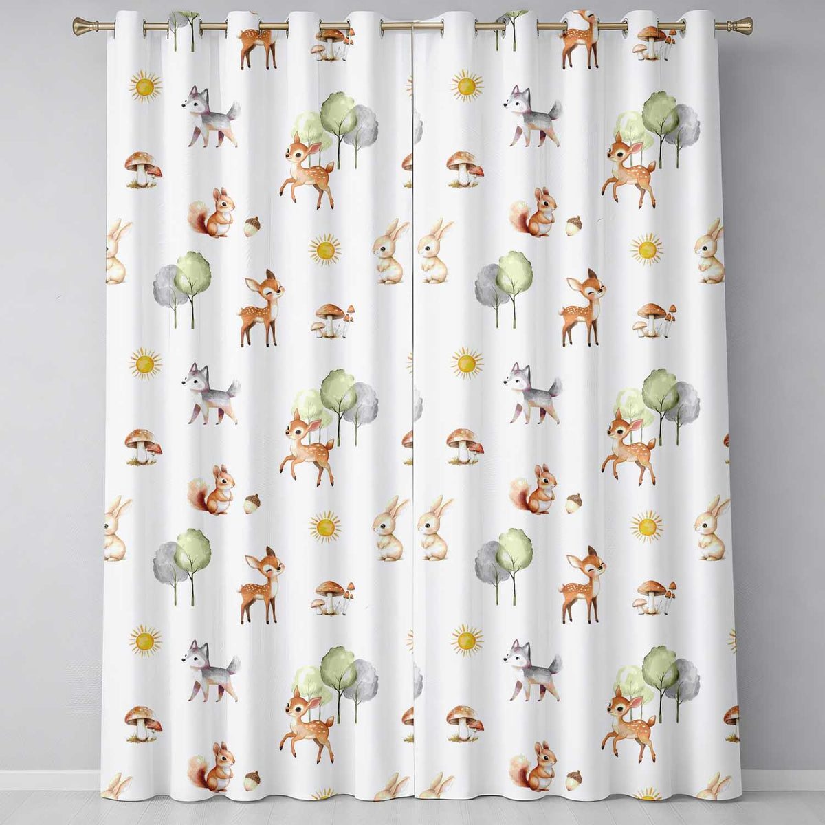 Woodland Deer Fox Squirrel Mushroom Forest Seamless Pattern Light Grey Readymade Eyelet Ring Top Thermal 100% Blackout Curtains