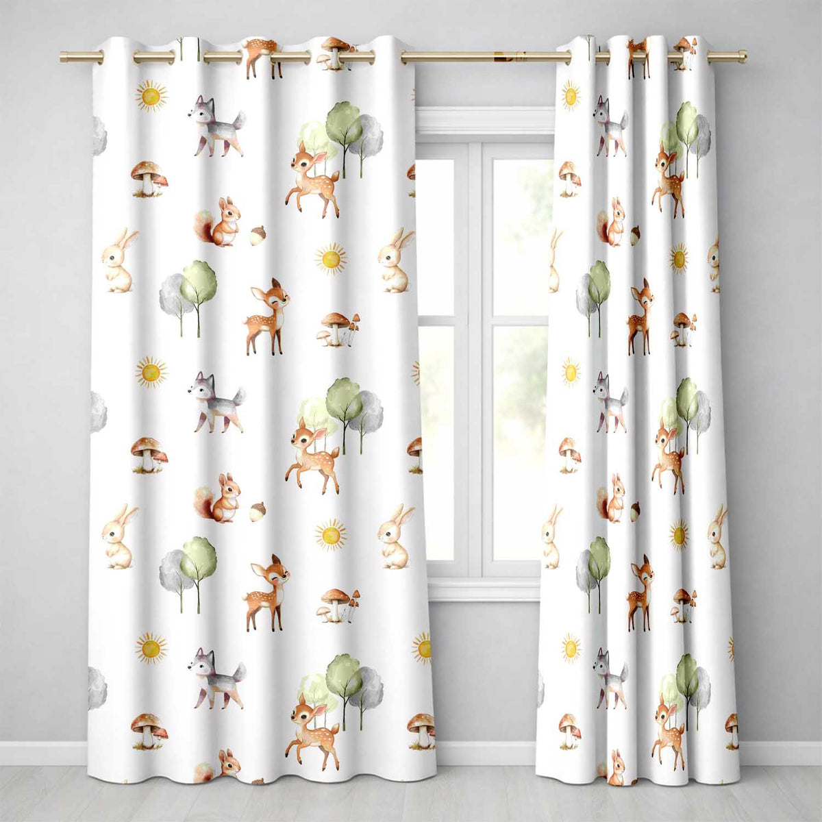 Woodland Deer Fox Squirrel Mushroom Forest Seamless Pattern Light Grey Readymade Eyelet Ring Top Thermal 100% Blackout Curtains
