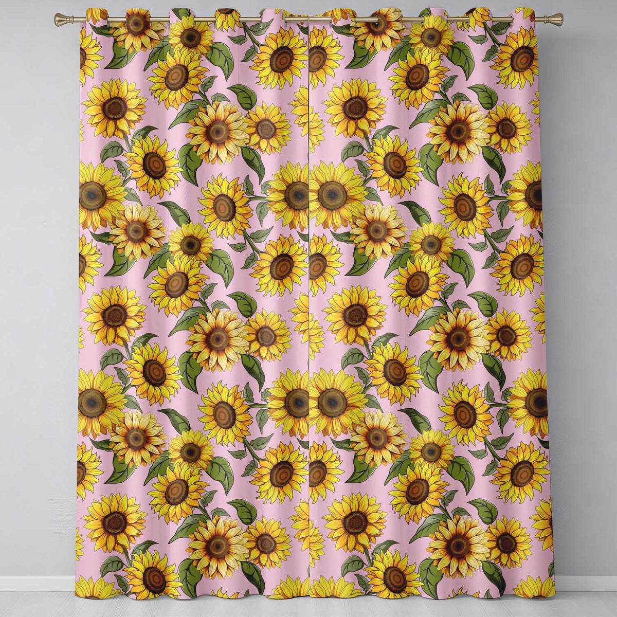 Bright Yellow Sunflower Floral Seamless Pattern Soft Pink Background Readymade Eyelet Ring Top Thermal 100% Blackout Curtains