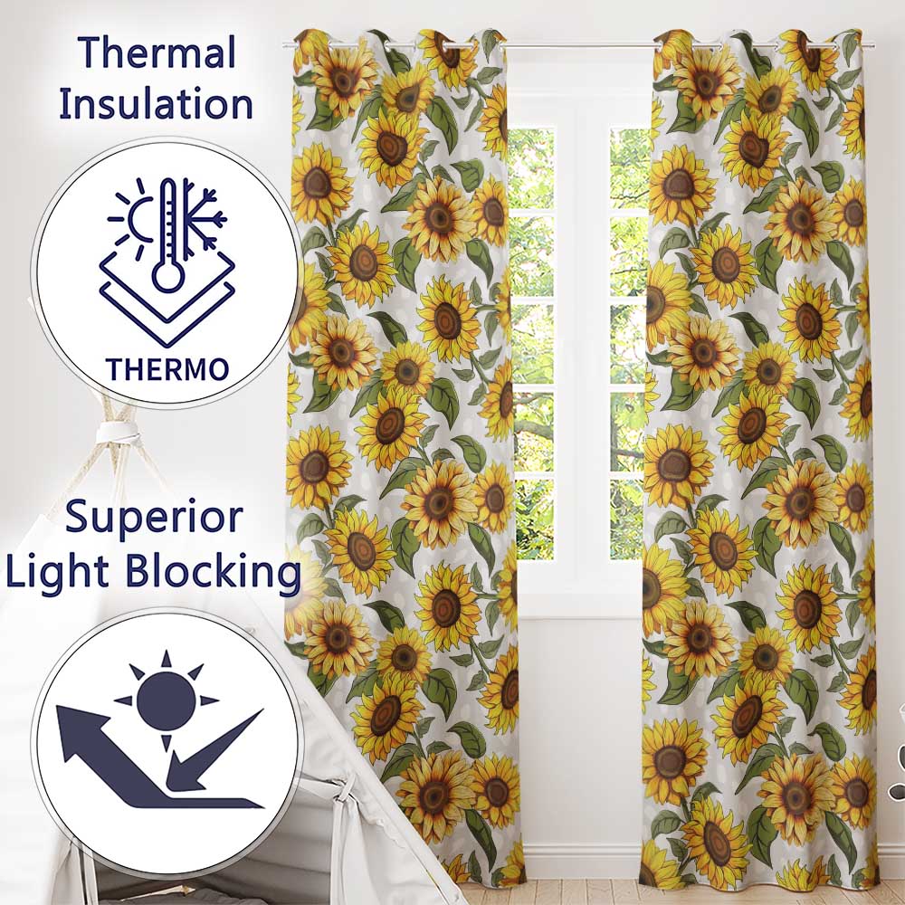 Bright Yellow Sunflower Floral Seamless Pattern Neutral Beige Background Readymade Eyelet Ring Top Thermal 100% Blackout Curtains