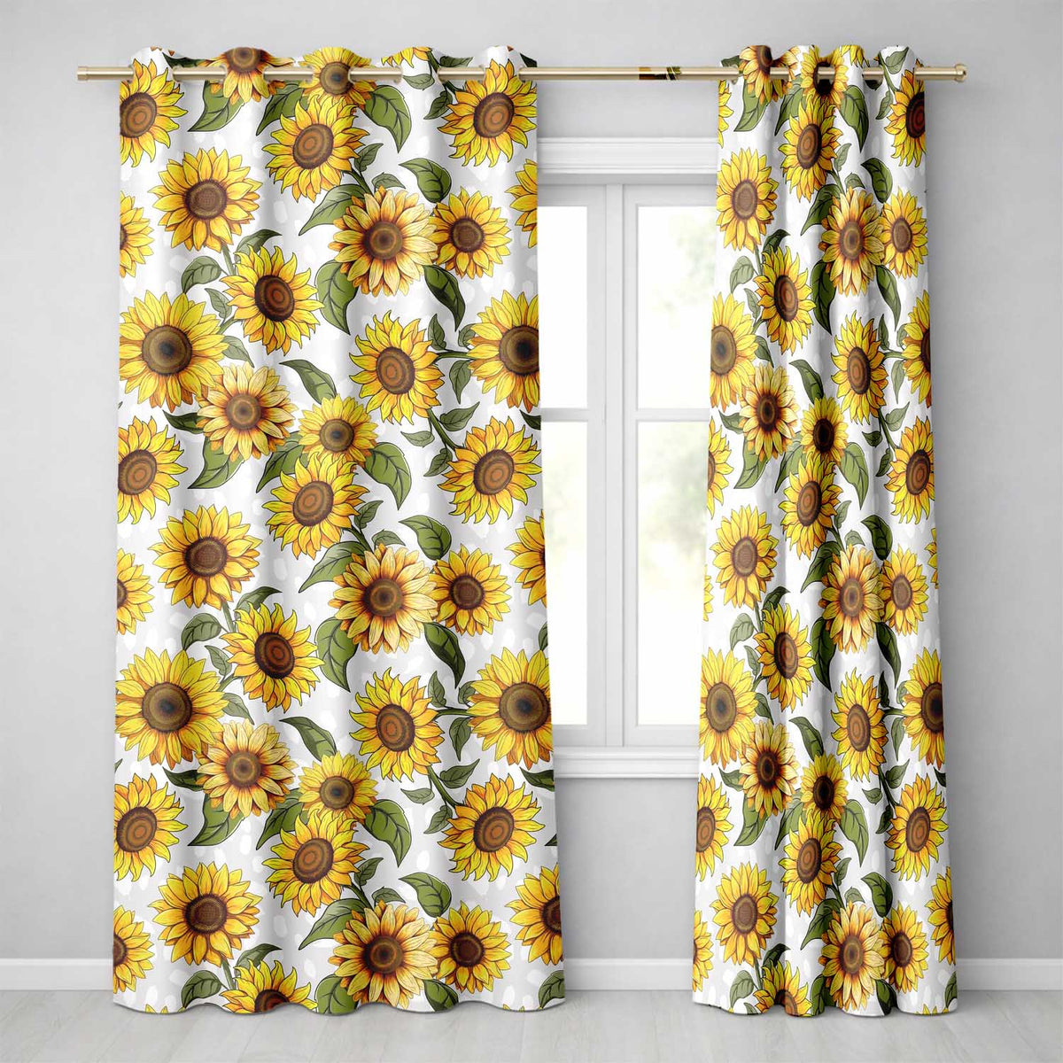Bright Yellow Sunflower Floral Seamless Pattern Neutral Beige Background Readymade Eyelet Ring Top Thermal 100% Blackout Curtains