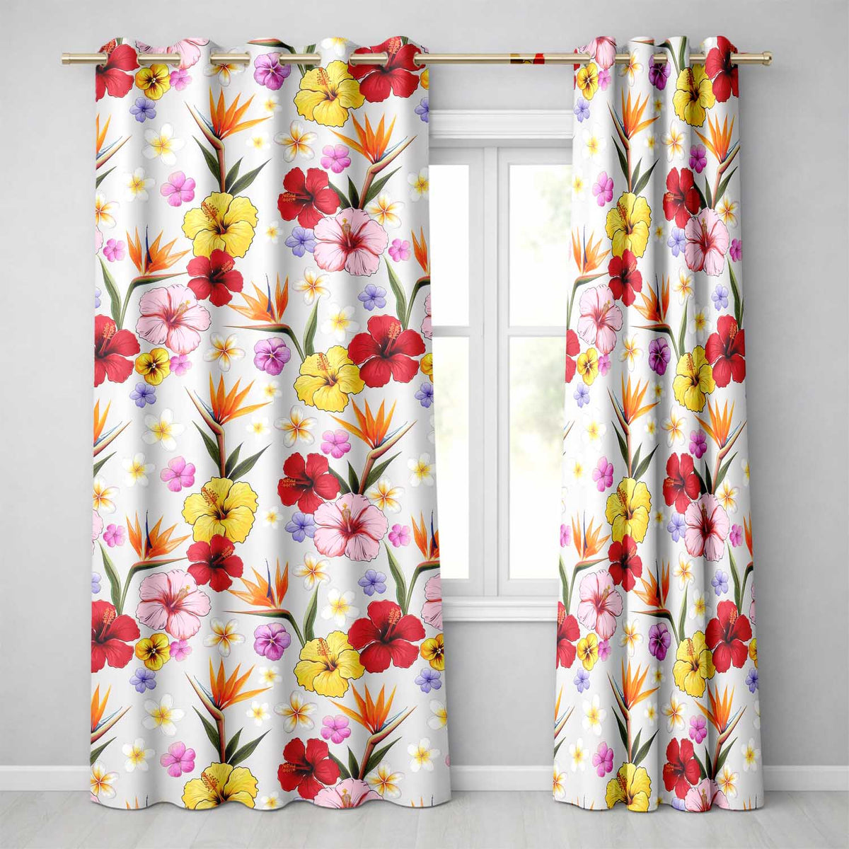 Tropical Hibiscus and Bird of Paradise Floral Seamless Pattern Cream Background Readymade Eyelet Ring Top Thermal 100% Blackout Curtains