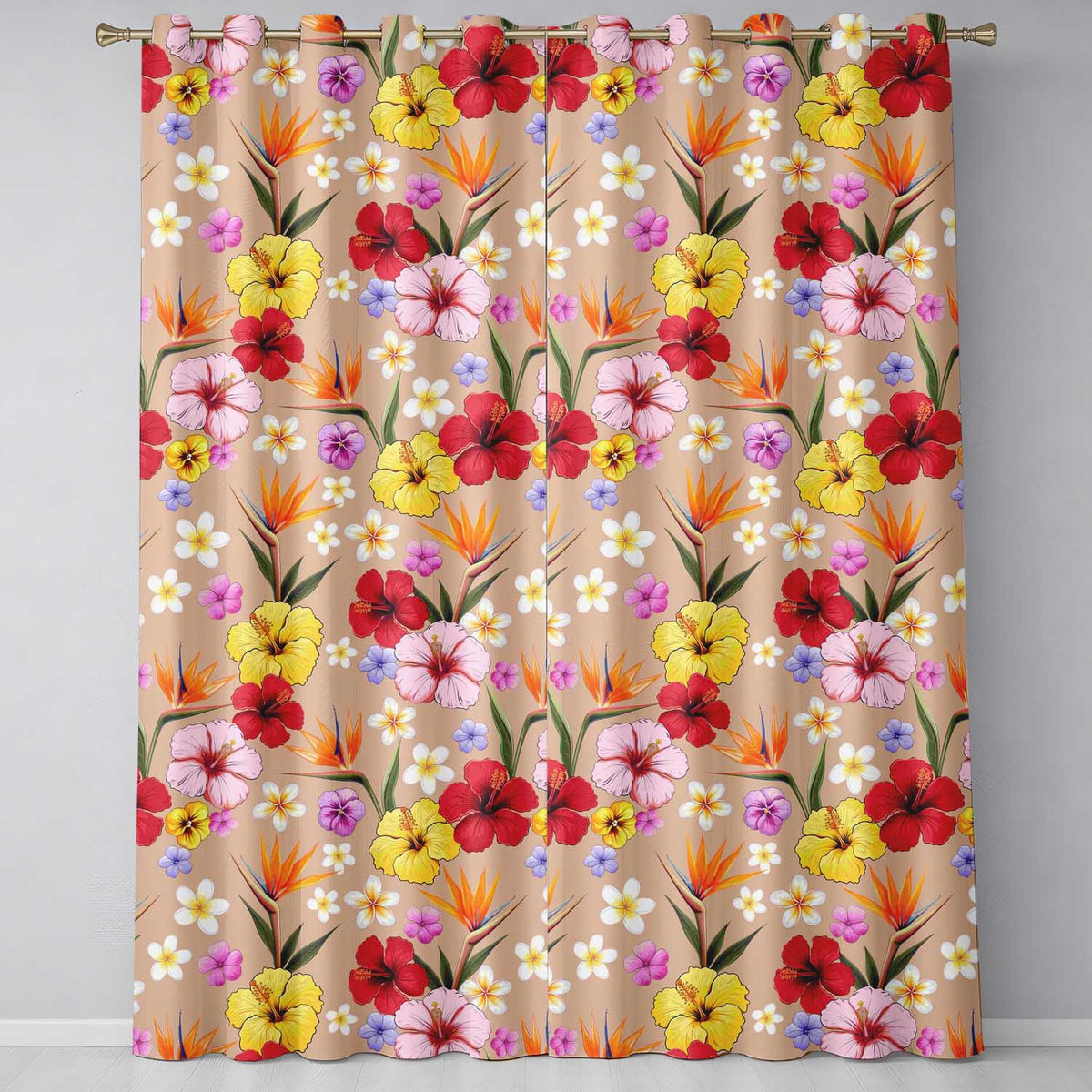 Tropical Hibiscus Bird of Paradise Floral Seamless Pattern Warm Beige Readymade Eyelet Ring Top Thermal 100% Blackout Curtains