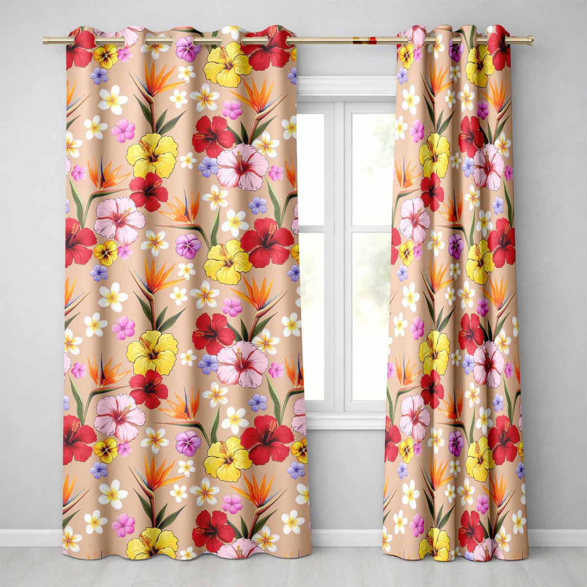 Tropical Hibiscus Bird of Paradise Floral Seamless Pattern Warm Beige Readymade Eyelet Ring Top Thermal 100% Blackout Curtains