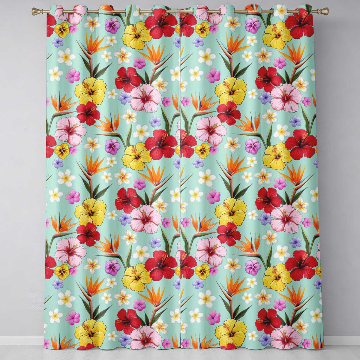 Tropical Hibiscus Bird of Paradise Floral Seamless Pattern Teal Blue Background Readymade Eyelet Ring Top Thermal 100% Blackout Curtains
